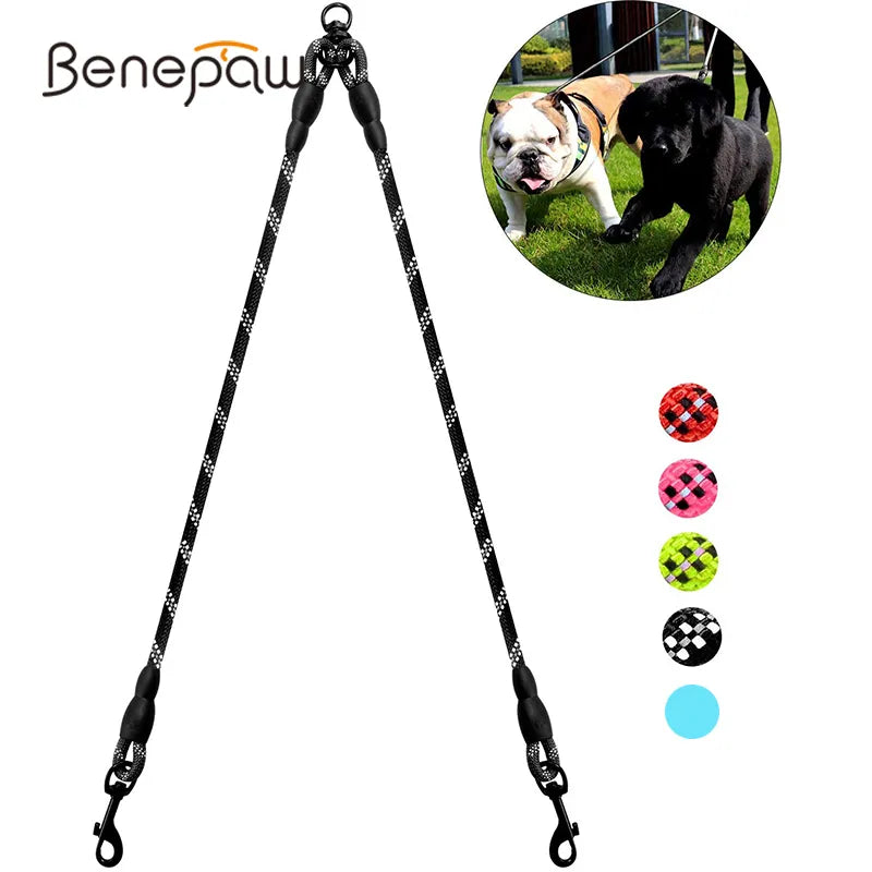 Benepaw Robuste Doppelleine für Hunde, Koppler, reflektierend, starke Doppelleine für Haustiere, 360°, kein Verheddern, für kleine, mittelgroße und große Hunde