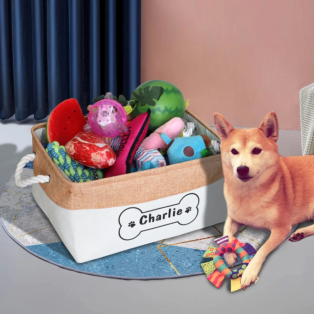 Personalized Dog Toy Basket Free Print Pet Storage Box Foldable DIY Custom Name Toys Accessories Dog Canvas Bag Pet Products