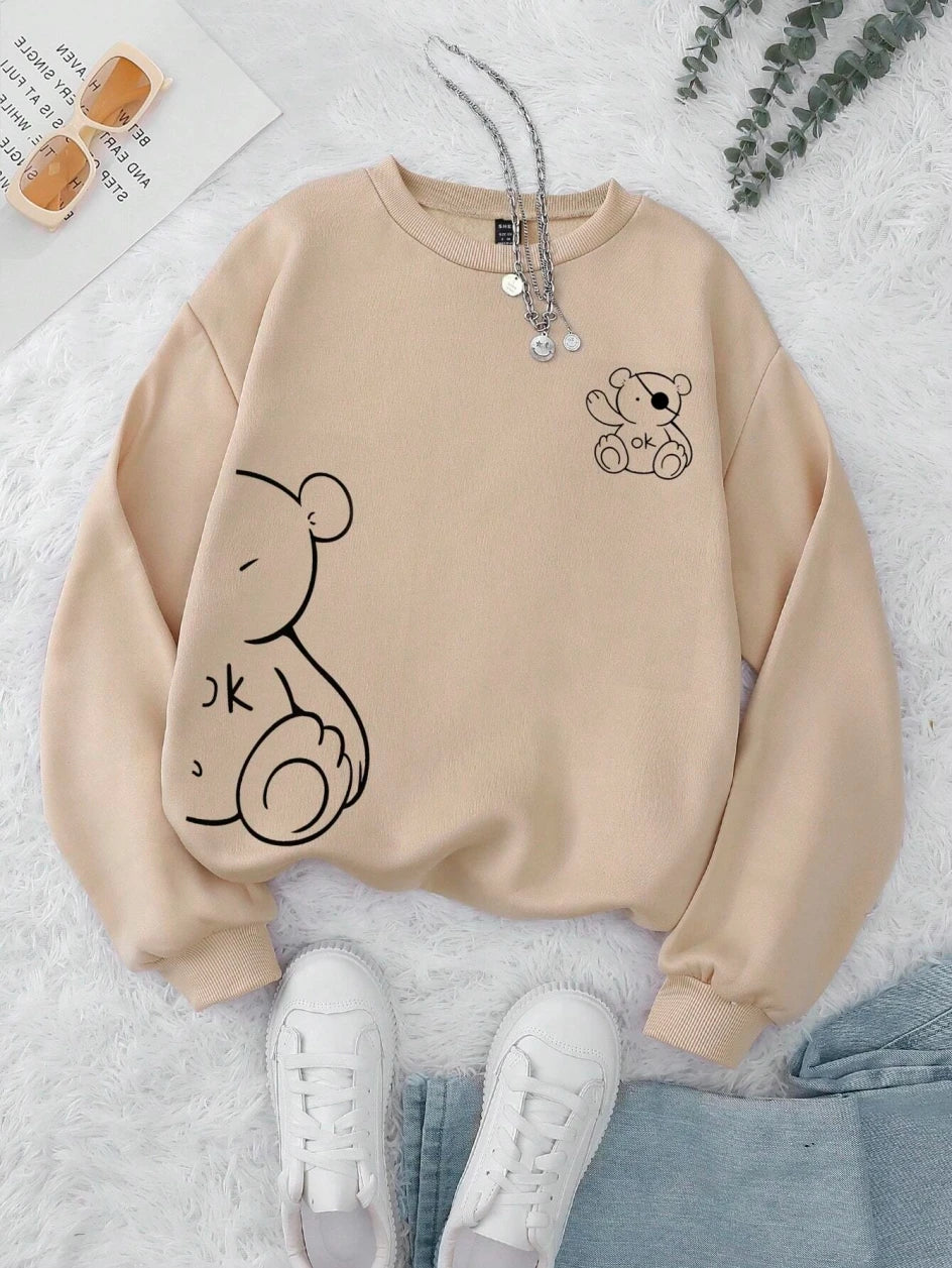 Kawaii OK Teddy bear Printing Sweatshirts For Women Classic Retro Fashion Hoodies Fleece Warm Casual Clothes Loose Sportswear