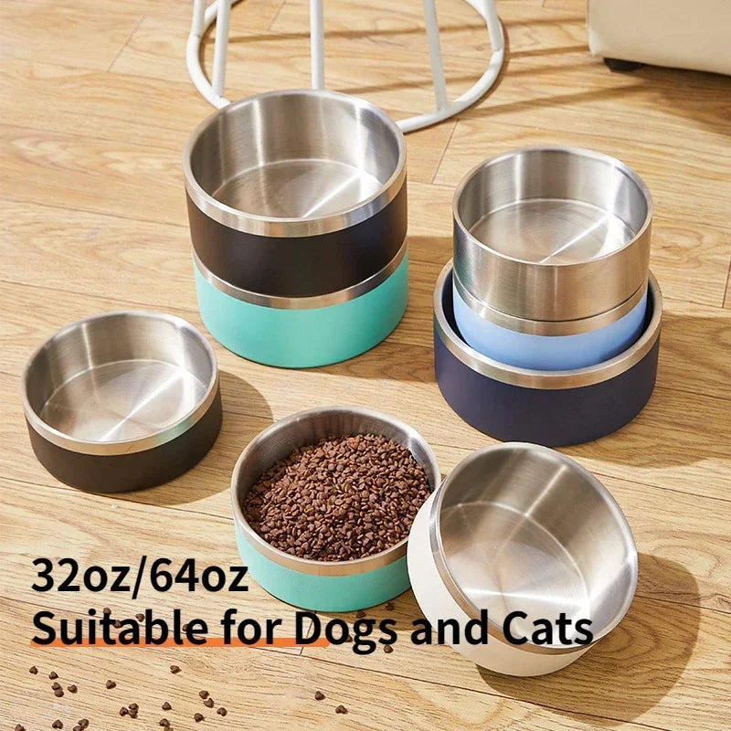 64oz Stainless Steel Round Dogl Cat Bowl Double Vacuum Feeding Pet Bowl Large Capacity Dog Food Water Bowl Dog Accessories Puppy